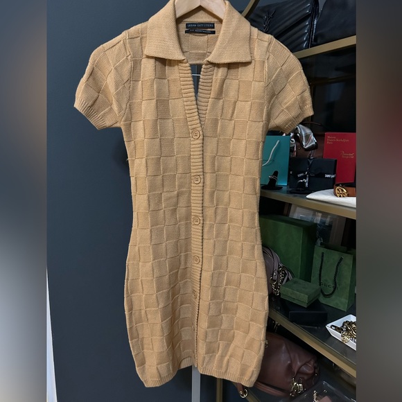 UO Gen Knit Collar Button Down Sweater Dress Bodycon Small Caramel short sleeve - Picture 3 of 5